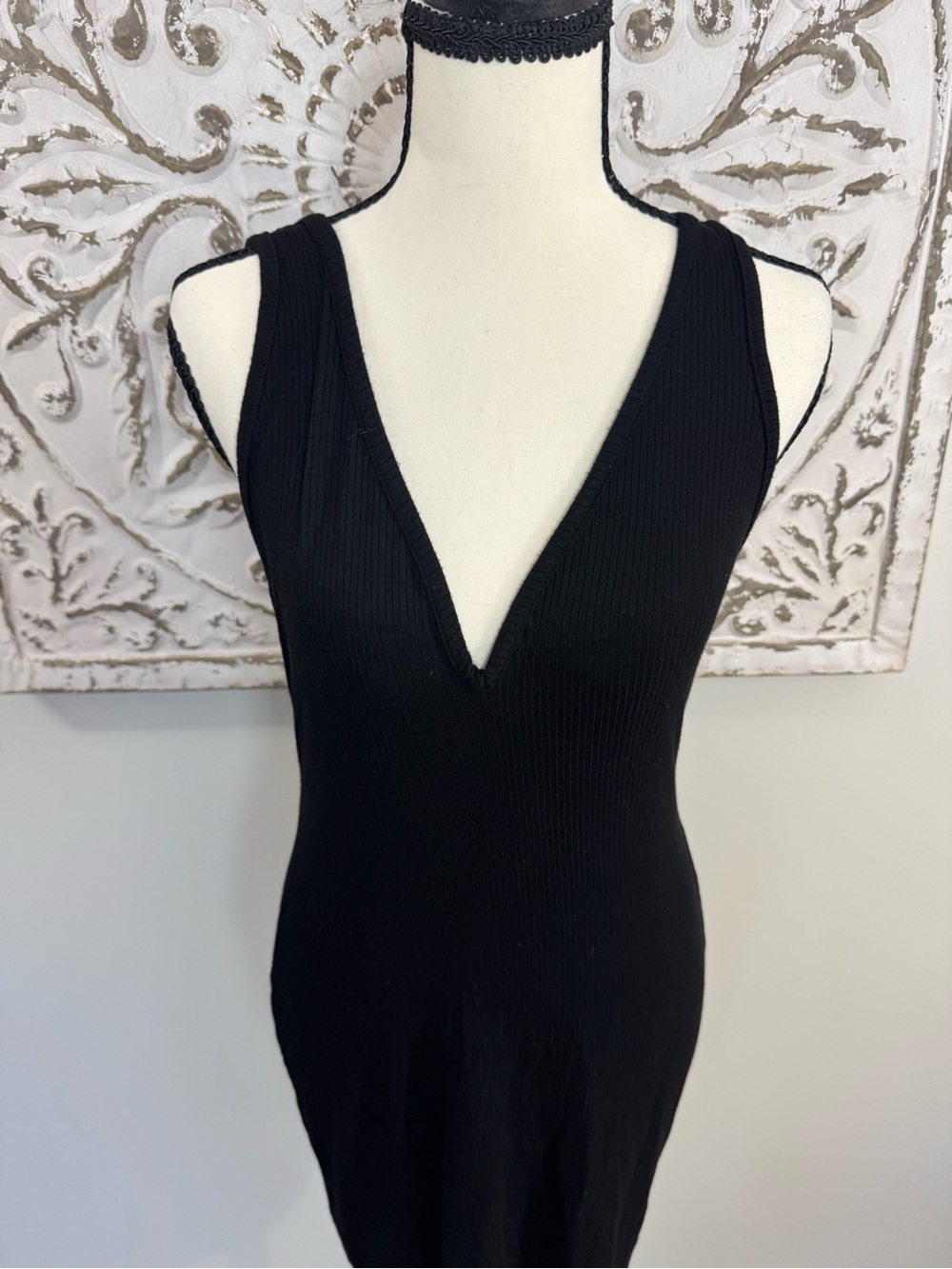 Bozzolo L Black Ribbed Bodycon Dress Deep V Front Back Stretch Y2K LBD